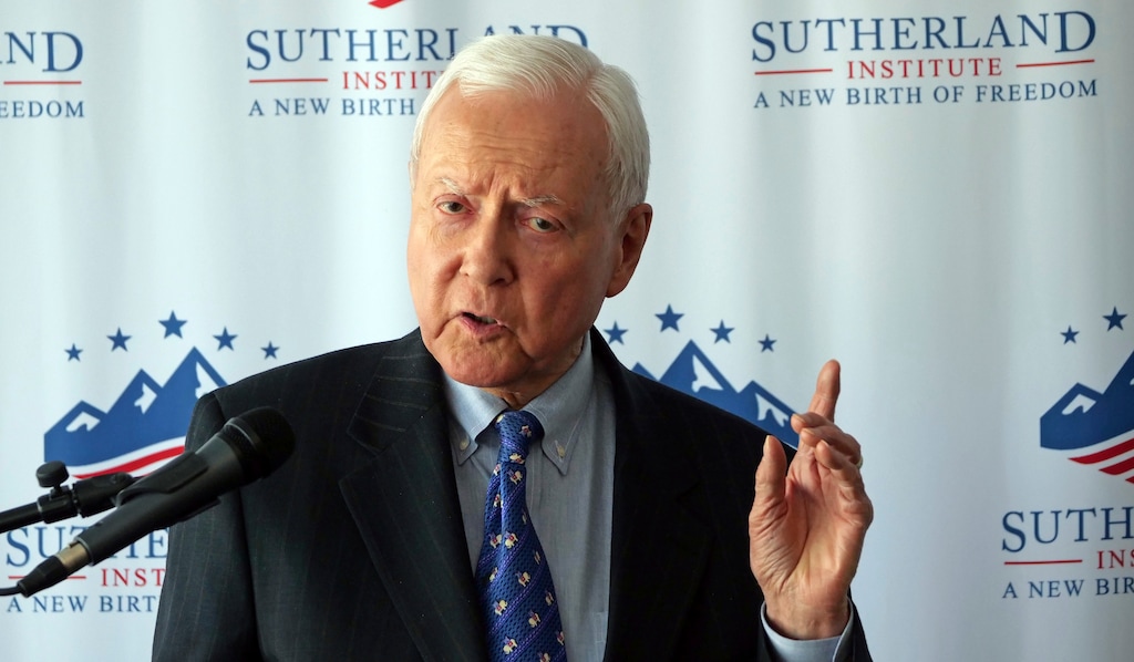(AP Photo | Rick Bowmer) U.S. Sen. Orrin Hatch discusses Supreme Court nominee Brett Kavanaugh during a speech hosted by the Sutherland Institute, Thursday, Aug. 9, 2018, in Salt Lake City.