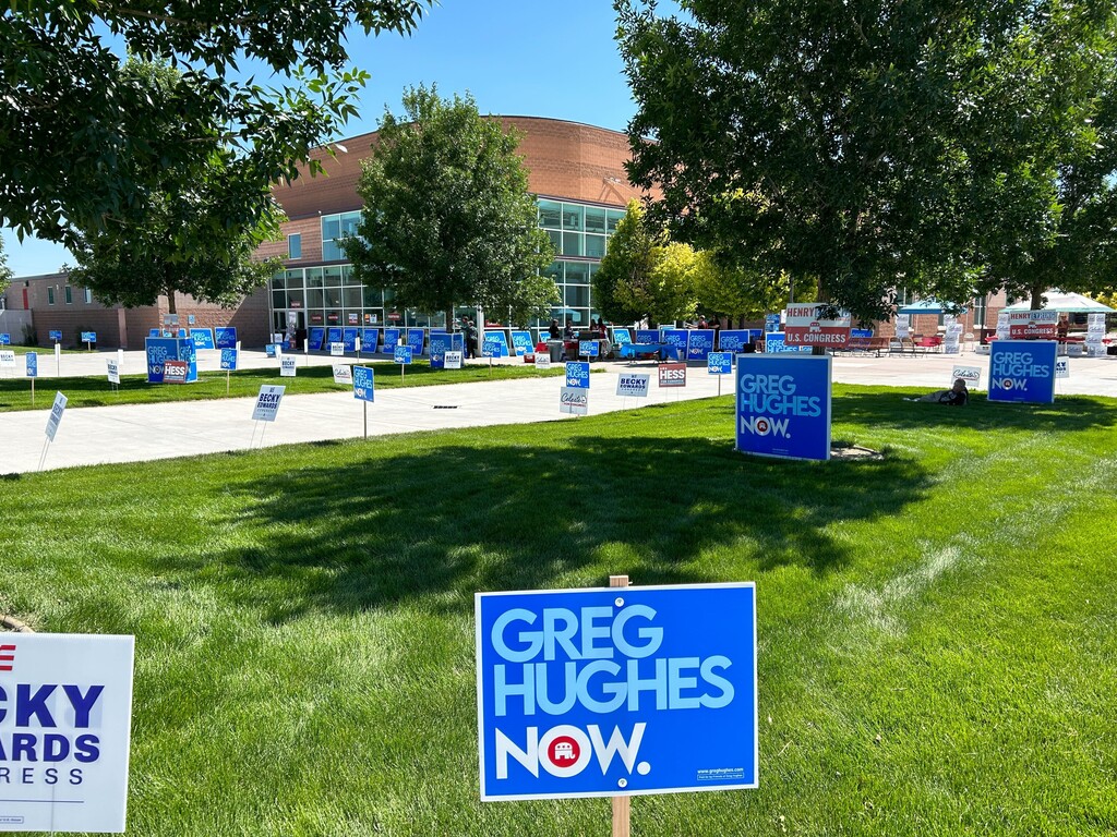 (Bryan Schott | The Salt Lake Tribune) Political signs outside Delta High School, where the Utah Republican Party hosted its 2023 special election convention on Saturday, June 24, 2023. Some Utah Republicans are frustrated that Celeste Maloy, who won Saturday's convention, re-registered to vote in Utah the date after the filing deadline.