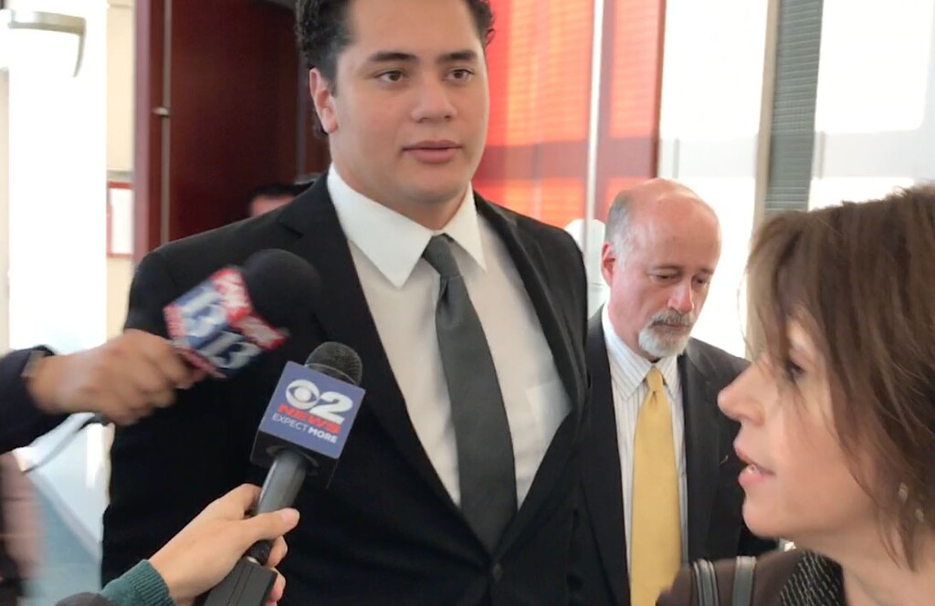 (Aaron Falk | The Salt Lake Tribune) Former Brighton High and University of Southern California linebacker Osa Masina leaves Matheson Courthouse in Salt Lake City, Utah, on Thursday, Oct. 12, 2017, after accepting a plea deal that allows him to avoid trial in his felony rape case.
