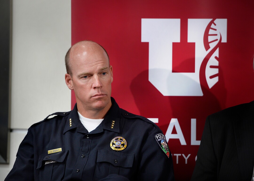 (Scott Sommerdorf   |  The Salt Lake Tribune)   Dale Brophy, University Chief of Police, and director of public safety listens during a press conference held at the U of U Medical Center regarding policy changes resulting from the arrest of nurse Alex Wubbels, Monday, September 4, 2017. 