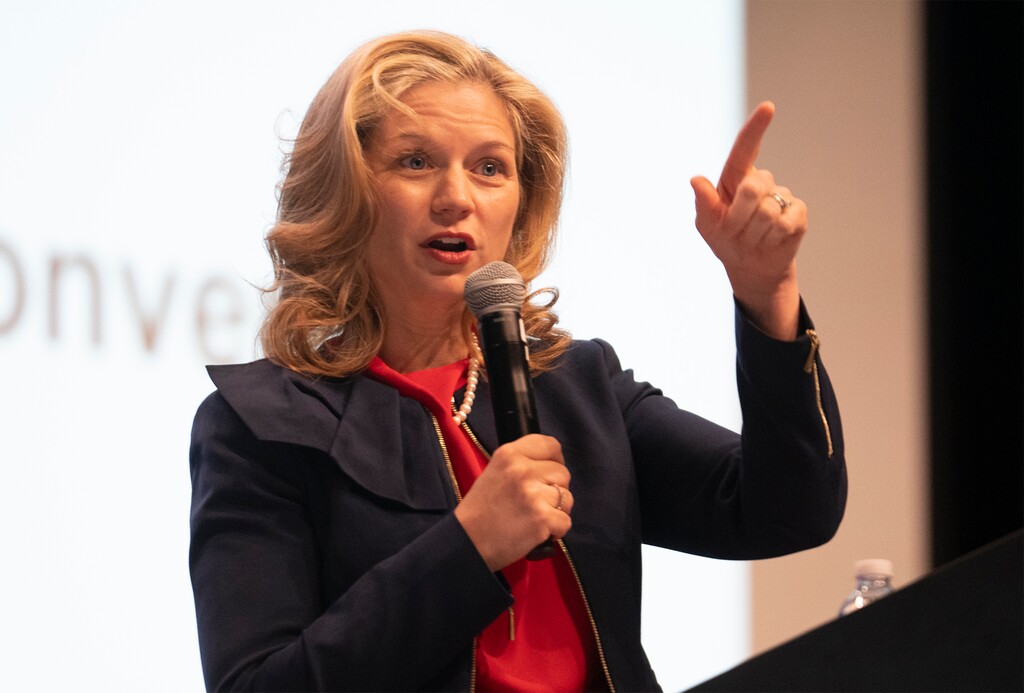 (Rick Egan | The Salt Lake Tribune) Melissa Holyoak, state solicitor general, speaks to the crowd, as the Davis County Republicans hold their nominating convention at Farmington High School, on Saturday, March 26, 2022. A trio of conservative organizations oppose Holyoak's nomination as an FTC commissioner, alleging she has a history of interfering with government efforts to rein in big tech corporations