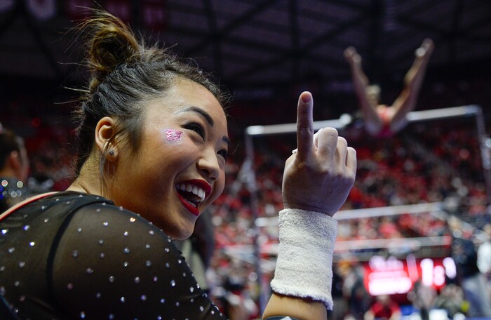 (Francisco Kjolseth  |  The Salt Lake Tribune)  Kari Lee delights in an older fan dancing with the crowd as Utah hosts Penn State in their season opener at the Huntsman Center in Salt Lake City on Saturday, Jan. 5, 2019.