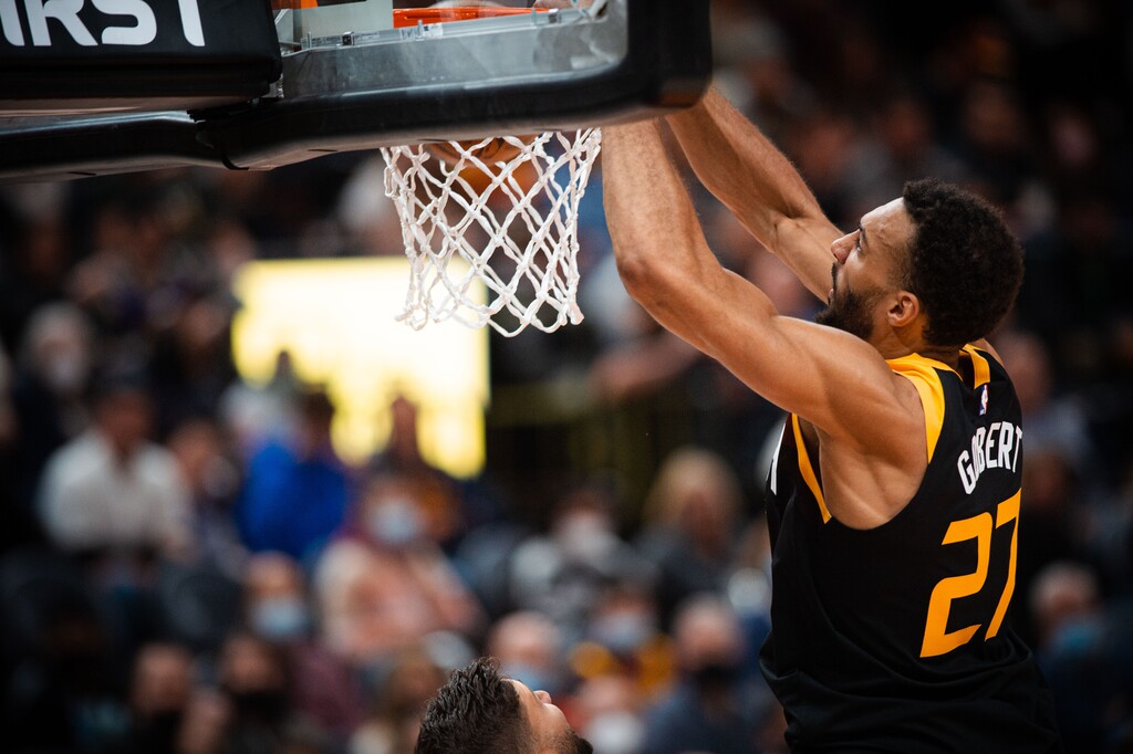 (Rachel Rydalch | The Salt Lake Tribune) Rudy Gobert takes a dunk against the Dallas Mavericks at the Vivint Arena in Salt Lake City on Friday, Feb. 25, 2022.
