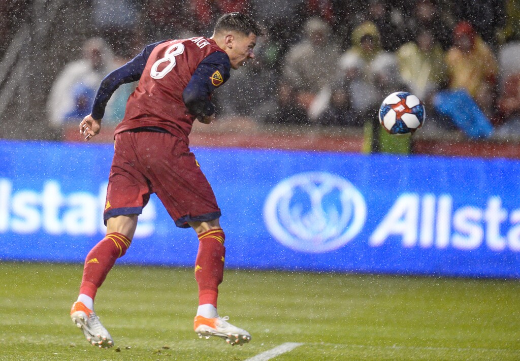 (Francisco Kjolseth  |  The Salt Lake Tribune)  Real Salt Lake midfielder Damir Kreilach (8) puts a header into the goal in the first half as Real Salt Lake and the Portland Timbers play in their first MLS playoff game at Rio Tinto Stadium in Sandy, Utah on Saturday, Oct. 19, 2019.