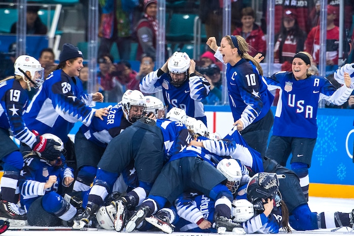 (Chris Detrick  |  The Salt Lake Tribune) Members of team USA celebrate after winning the Women's Gold Medal Game at Gangneung Hockey Centre during the Pyeongchang 2018 Winter Olympics Thursday, Feb. 22, 2018. United States defeated Canada 3-2 in a shootout victory. 