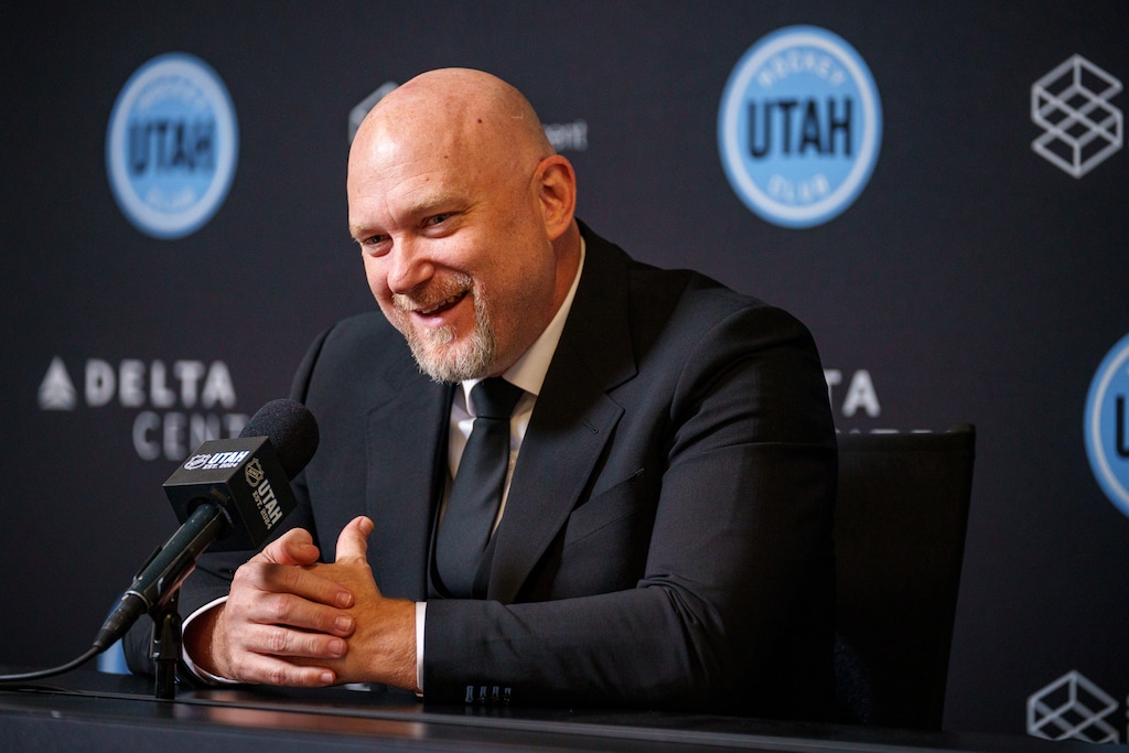 (Trent Nelson  |  The Salt Lake Tribune) Utah Hockey Club head coach André Tourigny speaks before a preseason game against the Los Angeles Kings on Sept. 23, 2024. The team, now named the Utah Mammoth, announced on Monday, June 22, 2026, that Tourigny has agreed to a multiyear contract extension.