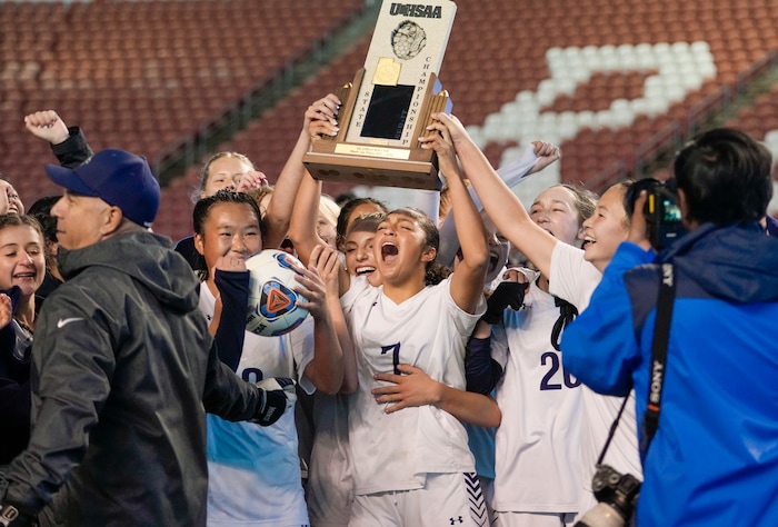 (Leah Hogsten | The Salt Lake Tribune)  Waterford School defeated Rowland Hall-St. Marks High School, 4-3 to win the 2A State Soccer Championship game Oct. 23, 2021 at Rio Tinto Stadium.