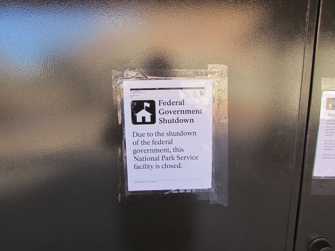 (Tom Wharton | The Salt Lake Tribune) Signs such as this one were posted on most of the Zion National Park restrooms. Park services have been reduced because of a federal government shutdown that went into effect at midnight Friday after the Senate was unable to pass a new spending bill.
