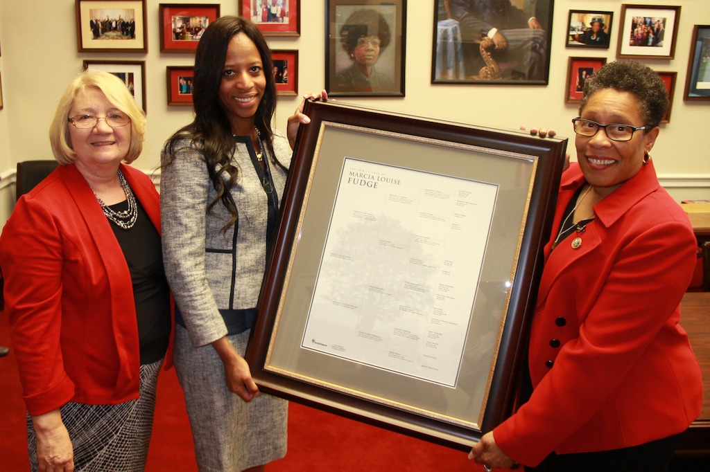 |  Courtesy of The Church of Jesus Christ of Latter-day SaintsOhio Congresswoman Marcia L. Fudge (right) receives a copy of her family history from FamilySearch researcher Carol Smith (left) and Utah Congresswoman Mia Love (center) in Washington, D.C., Tuesday, May 2, 2017.