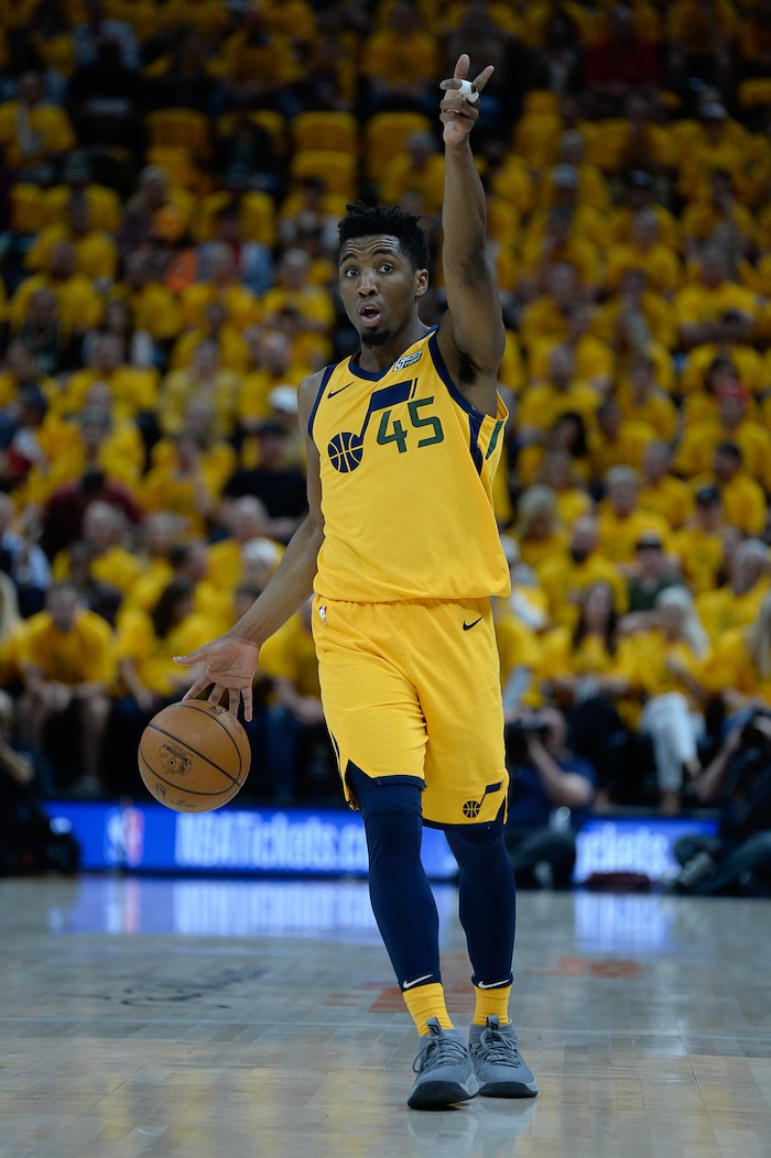 (Francisco Kjolseth | The Salt Lake Tribune) Utah Jazz guard Donovan Mitchell (45) calls out his team before a drive against the Houston Rockets in Game 4 of the NBA playoffs at the Vivint Smart Home Arena Sunday, May 6, 2018 in Salt Lake City.