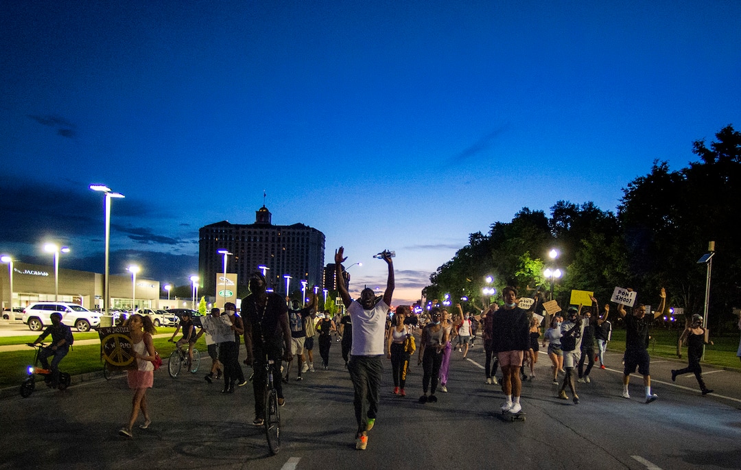 (Rick Egan  |  The Salt Lake Tribune) Demonstrators march up 500 South late in the evening after a peaceful protest on Wednesday, June 3, 2020.