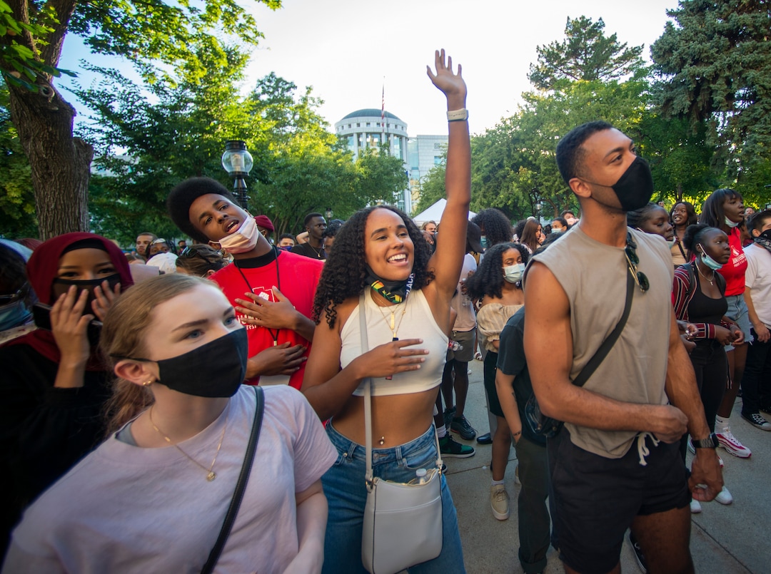 (Rick Egan  |  The Salt Lake Tribune)  The crowd dances as Aaliyah Rose performs at Washington Square in Salt Lake City during the Juneteenth Celebration, on Friday, June 19, 2020.