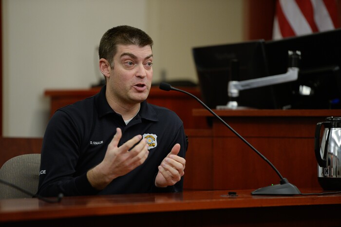 (Francisco Kjolseth  |  The Salt Lake Tribune)  Detective David Knaub testifies in a preliminary hearing on Monday, Jan. 8, 2018, for Shutney Kyzer, who on July 4, 2017, allegedly drove a car onto the sidewalk in downtown Salt Lake City, killing one homeless person, 27-year-old Kendra Griffis and injuring five others.