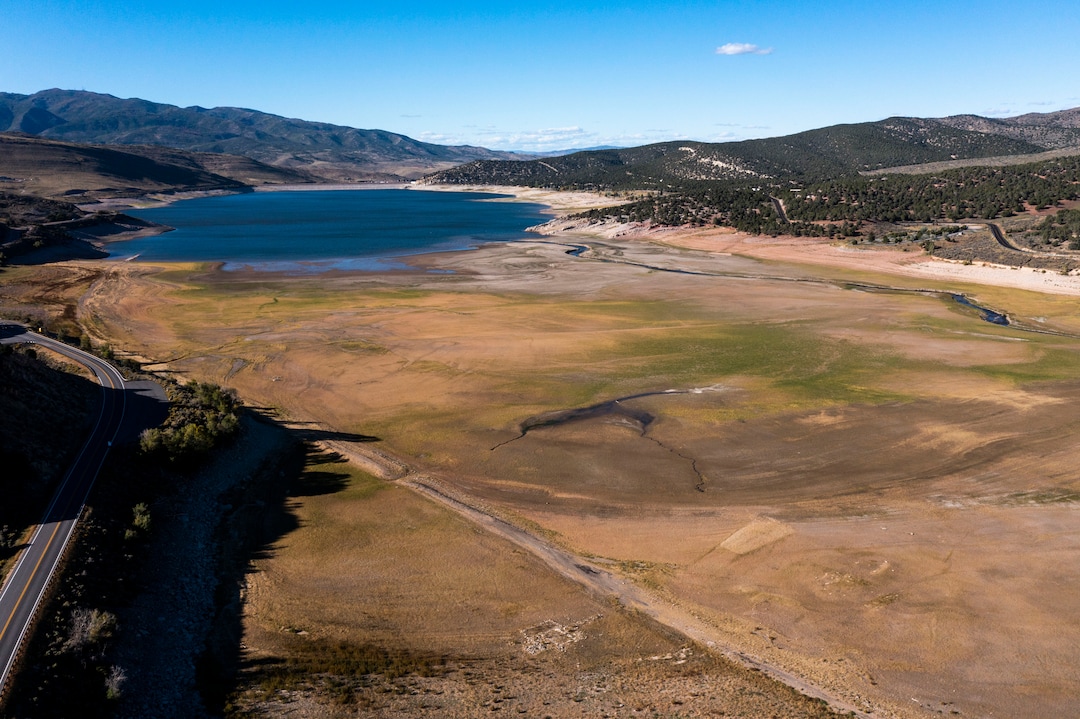 (Rick Egan | The Salt Lake Tribune)  Drought conditions have lowered the level of Rockport Reservoir to reveal parts of an old pioneer ghost town. Monday, Sept. 20, 2021.