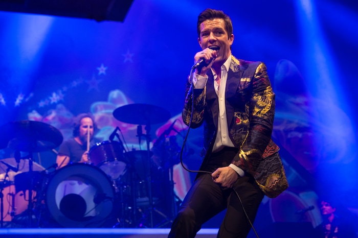 (Photo courtesy of Rob Loud/@robloud) Frontman Brandon Flowers, right, and drummer Ronnie Vannucci of The Killers perform at Vivint Smart Home Arena in Salt Lake City on Tuesday, Feb. 6, 2018.