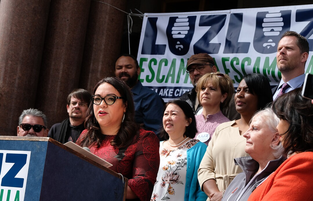 (Francisco Kjolseth  |  The Salt Lake Tribune)  Salt Lake City Sen. Luz Escamilla launches her official campaign for city mayor from the steps of the Salt Lake City and County building on Tuesday, March 26, 2019. As the city grows and becomes more diverse, Escamilla says she would represent a number of overlooked communities, including the Latino population and the city’s west side. If elected, she would likely be the first ethnic minority mayor of Salt Lake City and would be only the third woman to hold the position.