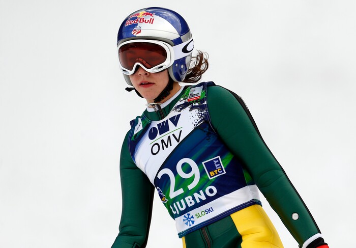 Sarah Hendrickson from the U.S. competes to place third at the Ski Jumping World Cup women's event in Ljubno, Slovenia, Saturday, Feb. 14, 2015. (AP Photo/Darko Bandic)