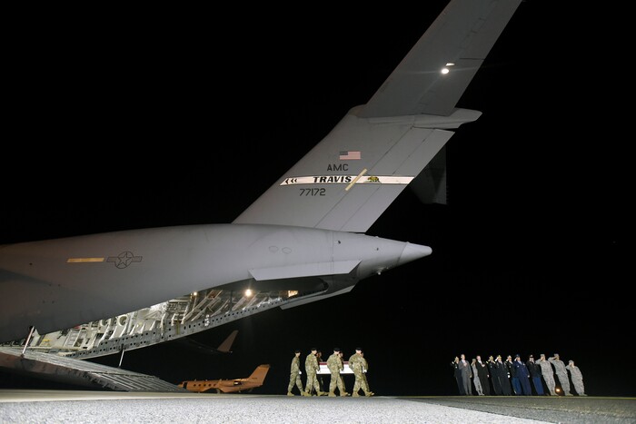 (Steve Ruark  |  AP Photo)  An Army carry team moves a transfer case containing the remains of Staff Sgt. Aaron R. Butler at Dover Air Force Base, Del., Friday, Aug. 18, 2017. According to the Department of Defense, Butler, of Monticello, Utah, died Aug. 16, in Nangarhar province, Afghanistan, of injuries sustained from an improvised explosive device while conducting combat operations.