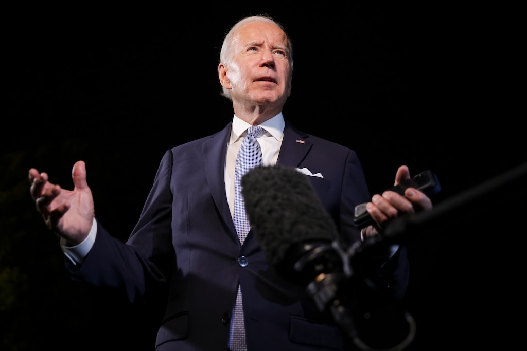(Oliver Contreras | The New York Times)
President Joe Biden talks to reporters as he arrives on the South Lawn of the White House in Washington on Sept. 1, 2022. Strip away the weird semi-fascist optics, the creepy crimson lighting and the Marines standing sentinel, and the speech Joe Biden gave on Thursday night outside Philadelphia’s Independence Hall could have been given by other prominent Democrats throughout the Trump era, Ross Douthat writes.
