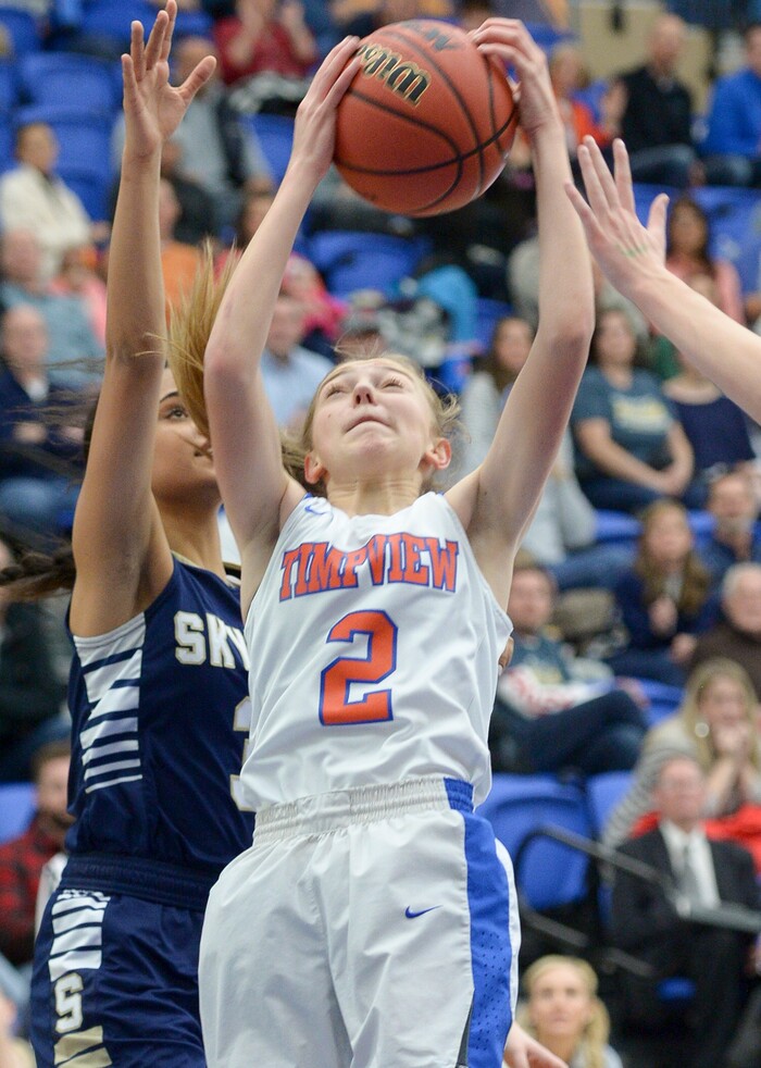 (Leah Hogsten  |  The Salt Lake Tribune) Timpview's Madelyn Boulton (02) breaks through Skyline's defense.  Timpview faces Skyline in their semifinal game of the 5A High School Girls' Basketball Tournament at SLCC in Taylorsville, Friday, Feb. 23, 2018. 