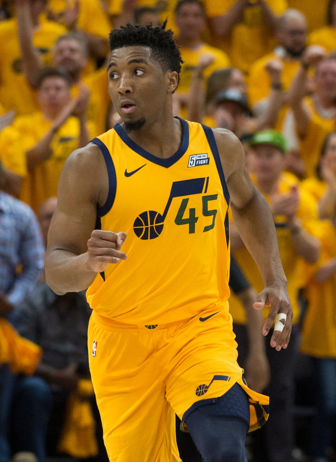 (Rick Egan  |  The Salt Lake Tribune)     Utah Jazz guard Donovan Mitchell (45) heads down court, after scoring for the Jazz, in the second quarter, in playoff action in game 6, between Utah Jazz and Oklahoma City Thunder in Salt Lake City, Friday, April 27, 2018.