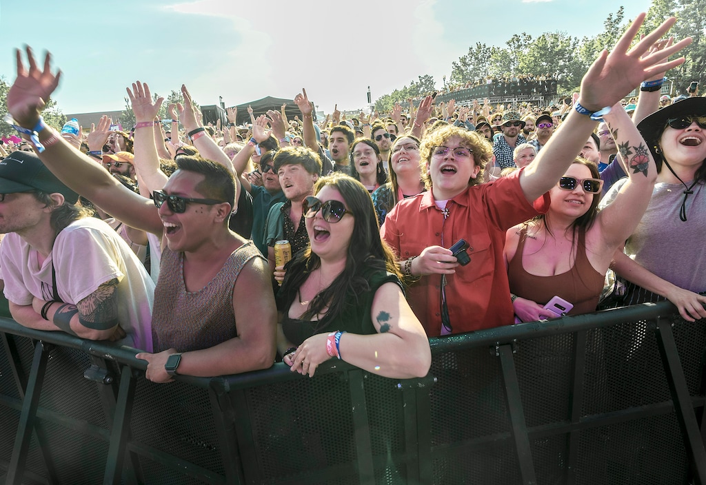(Leah Hogsten | The Salt Lake Tribune) Fan of Japanese Breakfast react to lead singer Michelle Zauner at the Kilby Court Block Party at the Utah State Fairpark, May 12, 2023.