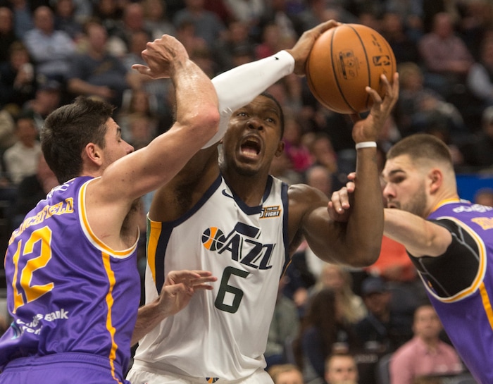 (Rick Egan  |  The Salt Lake Tribune)  Utah Jazz forward Joe Johnson (6) is double-teamed by Sydney Kings forward Todd Blanchfield (12) and Sydney Kings guard Isaac Humphries (0), in preseason basketball Utah Jazz vs.Sydney Kings, in Salt Lake City, Sunday, October 2, 2017.


