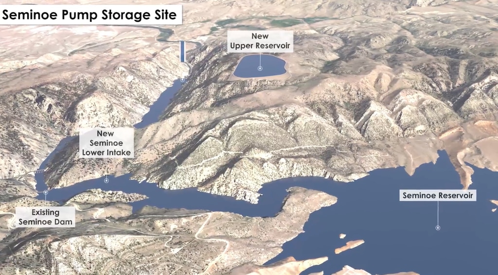 (rPlus Hydro) This rendering shows the Seminoe pumped storage site. Wind and solar energy are used to pump water from Seminoe Reservoir to a new upper reservoir. When power is needed, the water flows back down through a hydroelectric turbine.