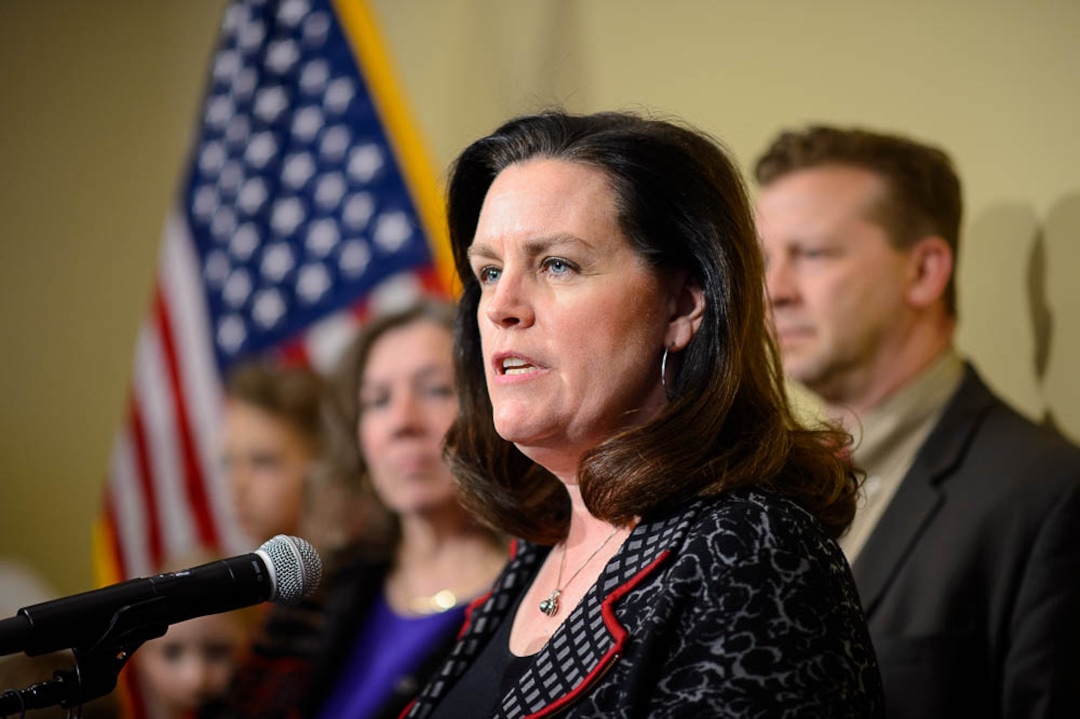 (Trent Nelson | The Salt Lake Tribune)  Kimberly Fadden speaks at a news conference by parents and students to show support for Valley View Elementary School teacher Moana Patterson, left, in Salt Lake City on Monday March 11, 2019. Fadden is the parent of a student at the school.