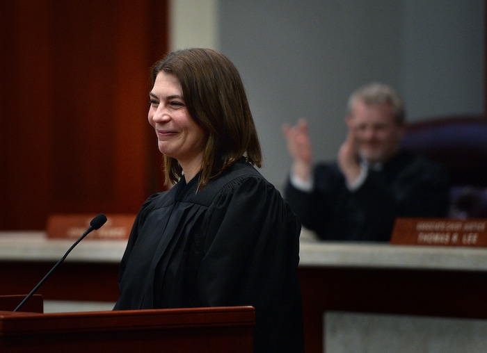 (Scott Sommerdorf   |  The Salt Lake Tribune)   during the Paige Petersen speaks after having been sworn in as the new Utah Supreme Court justice, Friday, January 19, 2018.