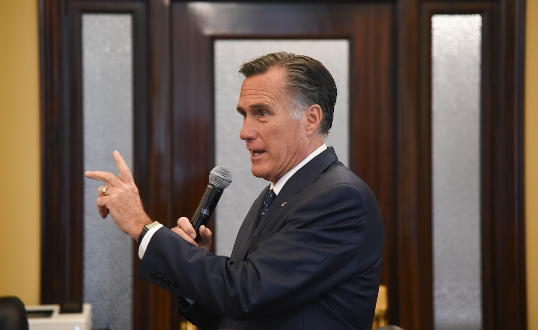 (Francisco Kjolseth  |  The Salt Lake Tribune)  Sen. Mitt Romney meets state lawmakers at the Utah Capitol as he speaks with members of the Republican House Caucus during a series of meetings on Thursday, Feb. 21, 2019.