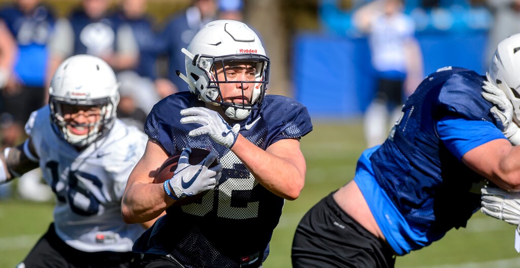 (Steve Griffin  |  The Salt Lake Tribune)  BYU running back Zachary Katoa carries the ball during spring football practice in Provo Monday March 12, 2018.
