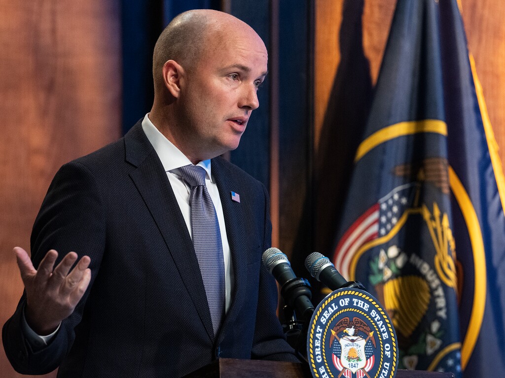 (Leah Hogsten | The Salt Lake Tribune) Governor Spencer Cox speaks during The PBS Utah Governor's Monthly News Conference, Dec. 16, 2021 at the Eccles Broadcast Center in Salt Lake City.