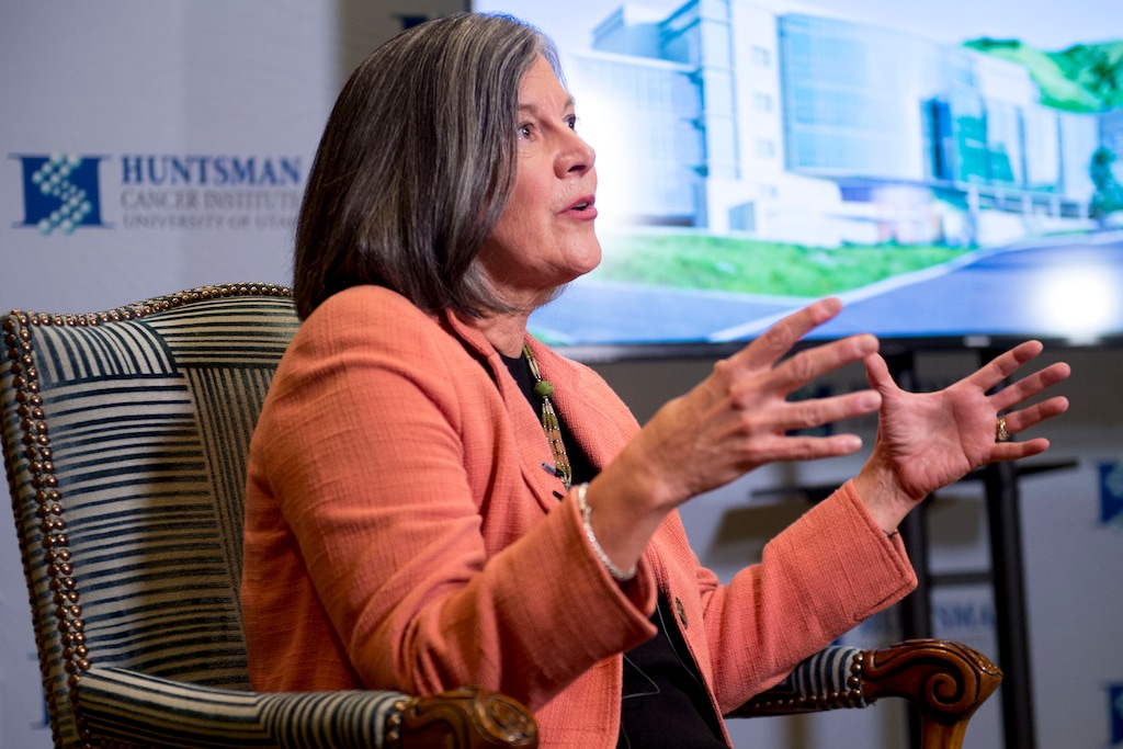 (Jeremy Harmon | The Salt Lake Tribune) Mary Beckerle talks about an expansion of the Huntsman Cancer Institute in this photo from Thursday, Sept. 20, 2018. Beckerle recently announced that she would be stepping down from her position as CEO of the institute in September 2025. 