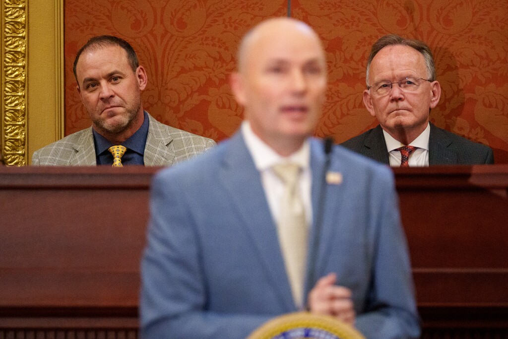 (Trent Nelson | The Salt Lake Tribune) House Speaker Mike Schultz, R-Hooper, and Senate President Stuart Adams, R-Layton, listen as Gov. Spencer Cox delivers his 2024 State of the State address at the Utah Capitol in Salt Lake City on Thursday, Jan. 18, 2024.