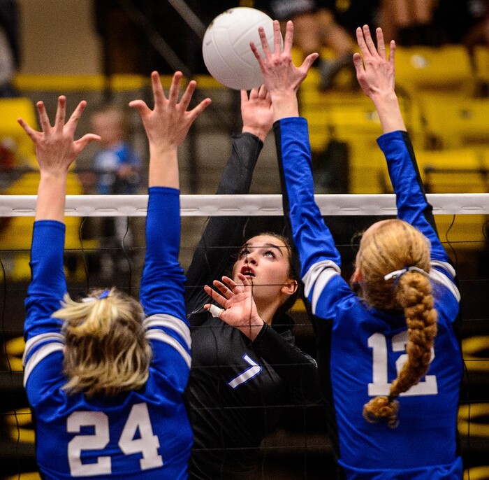 (Trent Nelson | The Salt Lake Tribune) Rich's Julia Hopkin hits the ball as Panguitch defeats Rich in the 1A State Volleyball Championship game in Orem, Saturday October 28, 2017.