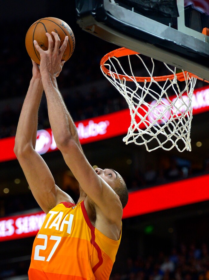 (Steve Griffin  |  The Salt Lake Tribune) Utah Jazz center Rudy Gobert (27) eyes the basket for a reverse jam during the Utah Jazz versus Golden State Warriors at Vivint Smart Home Arena in Salt Lake City Tuesday January 30, 2018.