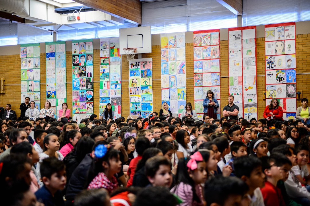 (Trent Nelson  |  The Salt Lake Tribune)  A mural of student artwork is the backdrop during an assembly at Hillsdale Elementary on Tuesday April 30, 2019. The West Valley School celebrated Children's Day, a national observance in Mexico.