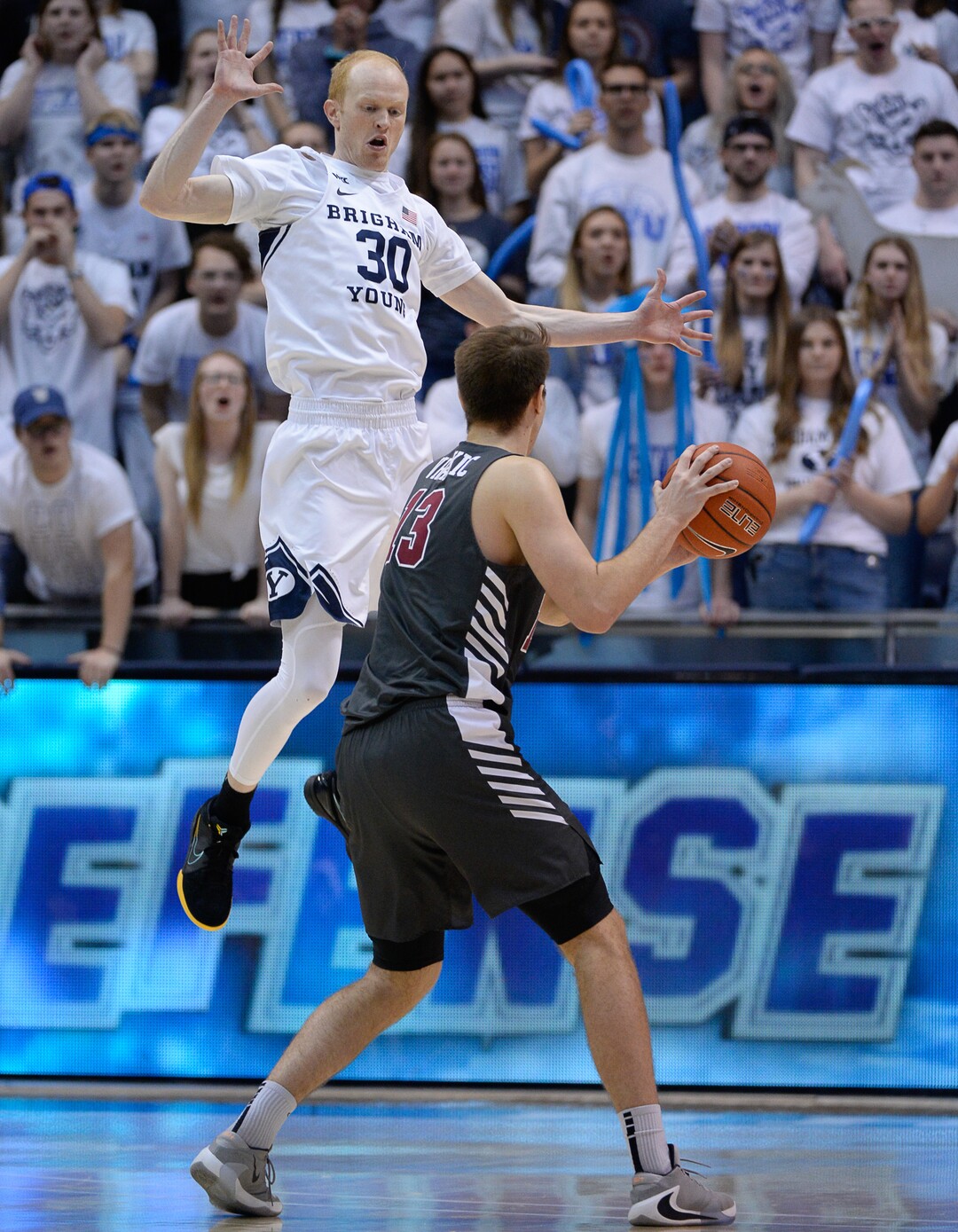 (Francisco Kjolseth  |  The Salt Lake Tribune) Brigham Young Cougars guard TJ Haws (30) tries to block Santa Clara Broncos forward Josip Vrankic (13) from passing in the second half as the Brigham Young Cougars host the Santa Clara Broncos at the Marriott Center in Provo, Thursday, Feb. 20, 2020. BYU won 85-75.
