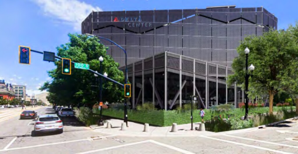 (Jazz Arena Investors LLC, via Salt Lake City) City planners are eyeing a development pact for building a 450-stall parking garage and facade as part of the ongoing  Delta Center overhaul.