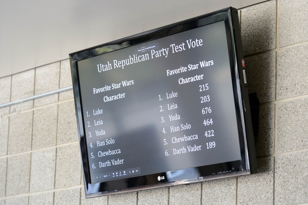 (Trent Nelson  |  The Salt Lake Tribune)  The results of a test vote at the Utah Republican Party's 2019 Organizing Convention at Utah Valley University in Orem on Saturday May 4, 2019.