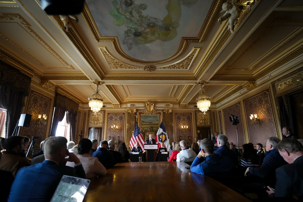 (Bethany Baker | The Salt Lake Tribune) Senate President Stuart Adams, R-Layton, speaks as state officials announce the formation of the organizing committee for the 2034 Olympics and Paralympics in front of a room full of media, donors and government officials at the Utah Capitol in Salt Lake City on Friday, Feb. 14, 2025.