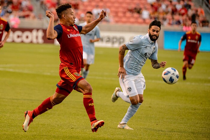 (Trent Nelson | The Salt Lake Tribune)
Real Salt Lake defender Adam Henley (3) as Real Salt Lake hosts Sporting Kansas City in a U.S. Open Cup match in Sandy, Wednesday June 6, 2018.