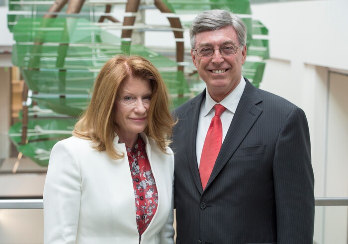 (Rick Egan  |  The Salt Lake Tribune)     Gary and Ann Crocker, celebrate the opening of the new Gary and Ann Crocker Science Center on Presidents Circle, Thursday, April 19, 2018.


