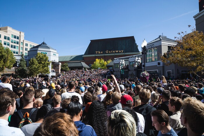 (Clark Clifford  |  Special to The Salt Lake Tribune) Thousands cram into Olympic Plaza for Kanye WestÕs ÒSunday ServiceÓ at The Gateway in Salt Lake City on Saturday, Oct. 5, 2019.