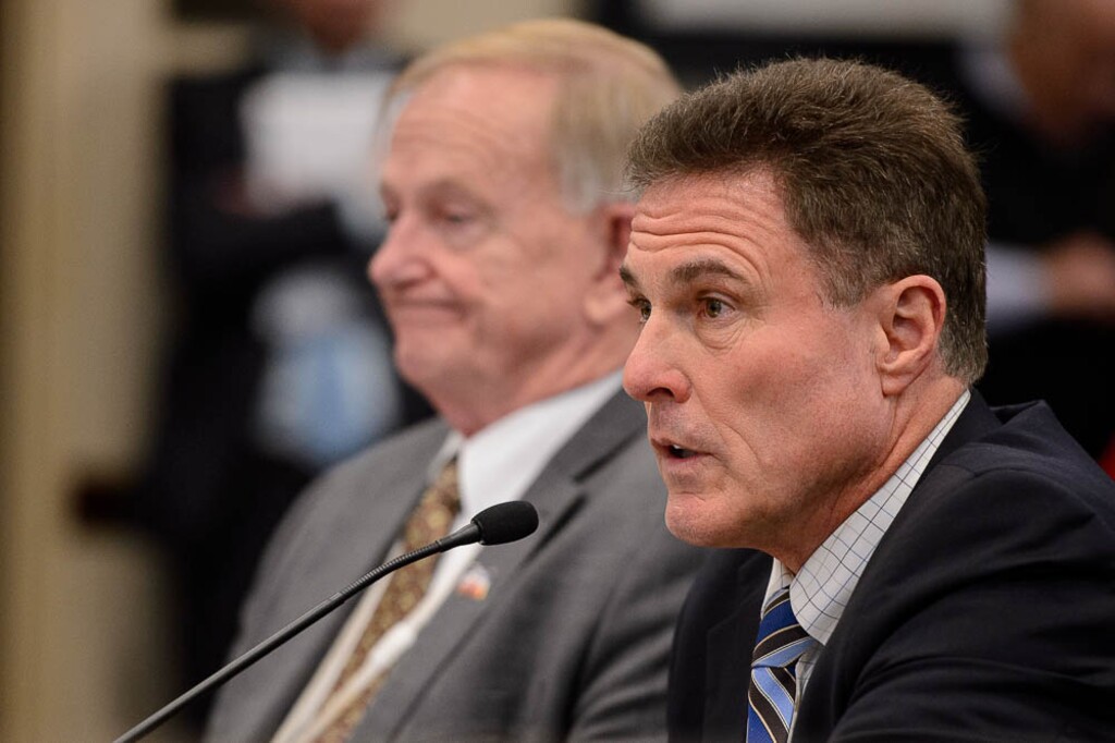 (Trent Nelson | The Salt Lake Tribune)
Rep. Jim Dunnigan, R-Taylorsville, speaks as the Senate Health and Human Services committee debates SB96, a bill replacing Proposition 3, at the Utah Capitol in Salt Lake City on Tuesday Jan. 29, 2019. At left is Sen. Allen Christensen, R-North Ogden.