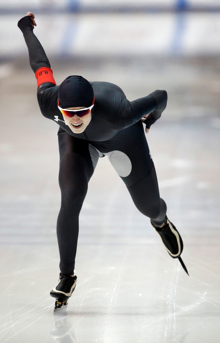 Mia Manganello competes in the women's 1,000 meters during the U.S. Olympic long track speedskating trials, Wednesday, Jan. 3, 2018, in Milwaukee. (AP Photo/John Locher)