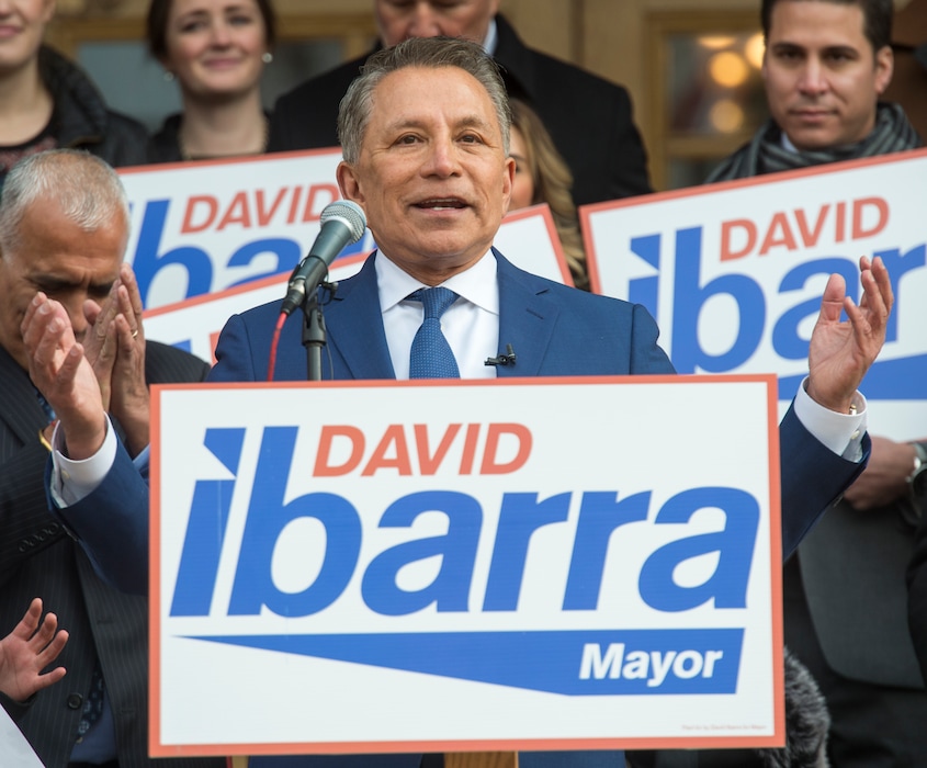 (Rick Egan  |  The Salt Lake Tribune)     Businessman David Ibarra announces that he is running for Salt Lake City Mayor, at the City and County building, Tuesday. Tuesday, Nov. 27, 2018. Ibarra has raised the most money out of the mayoral candidates at $159,087.