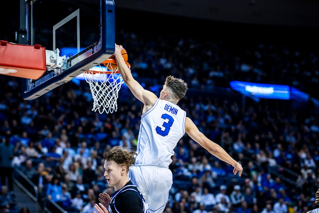 (Nate Edwards | BYU) Egor Demin dunks during his BYU on Nov. 5, 2024.