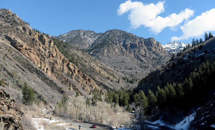 (Al Hartmann  |  The Salt Lake Tribune) 	
Mid level mountains near Storm Mountain partway up Big Cottonwood Canyon shows little snowpack Monday March 12.